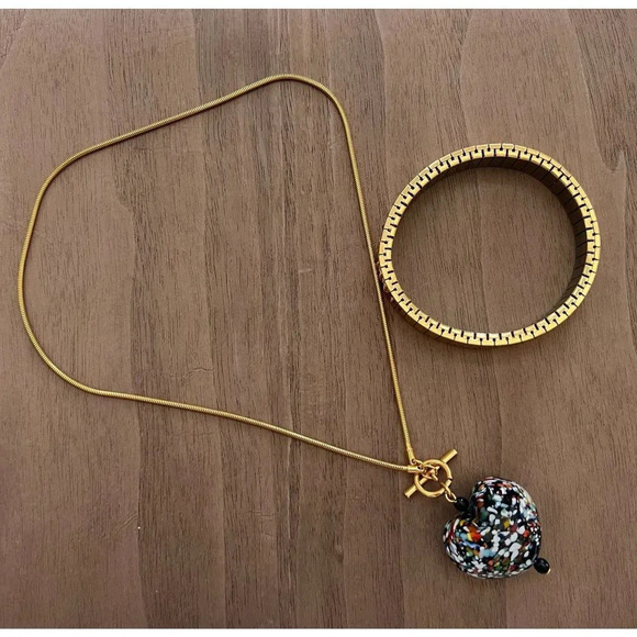 Jewelry - Italian Millefiori Glass Heart on Gold Chain Necklace and Stretch Bracelet